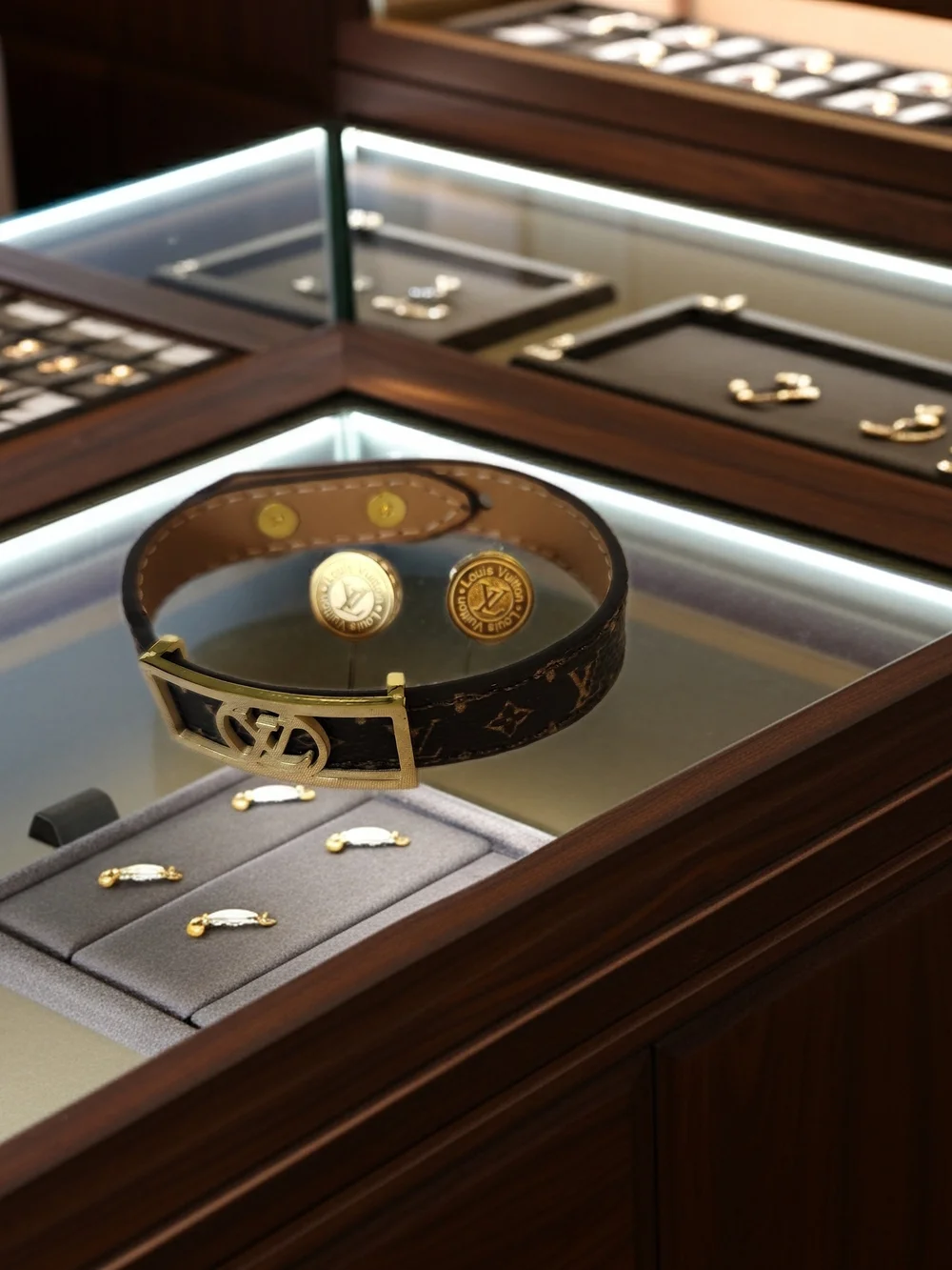 Louis Vuitton Brown Monogram Bracelet with Gold LV Earrings